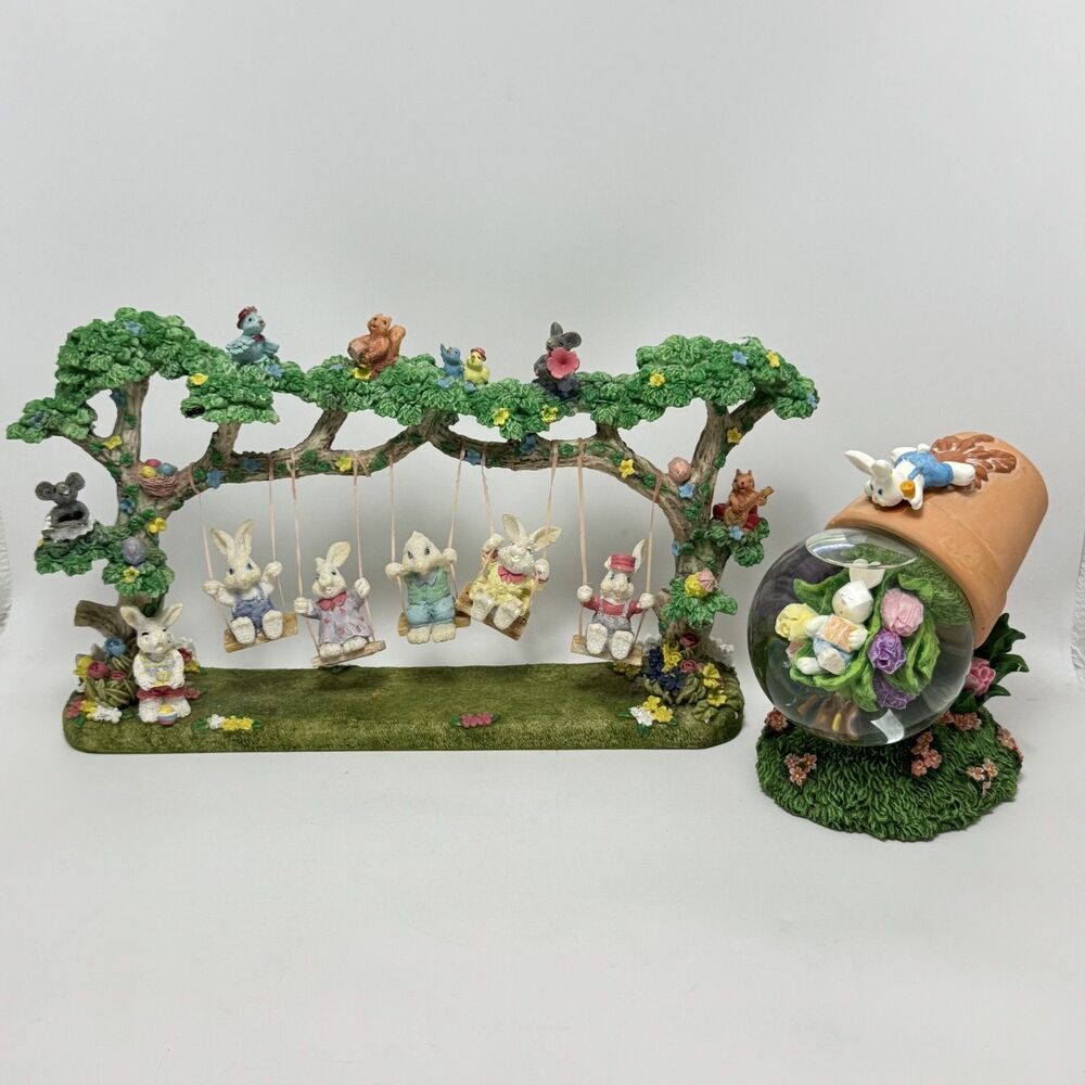 Vintage Jaimy Easter Jubilee Swinging Bunnies Tree Figurine Flowerpot Snow Globe